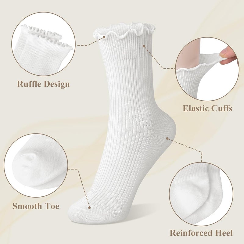 Socksfad Store 6 Pairs Cute Floral Ruffle Crew Socks Women, Breathable Cotton Novelty Casual Girls Above Ankle Funny Socks US 5-10 - Image 3